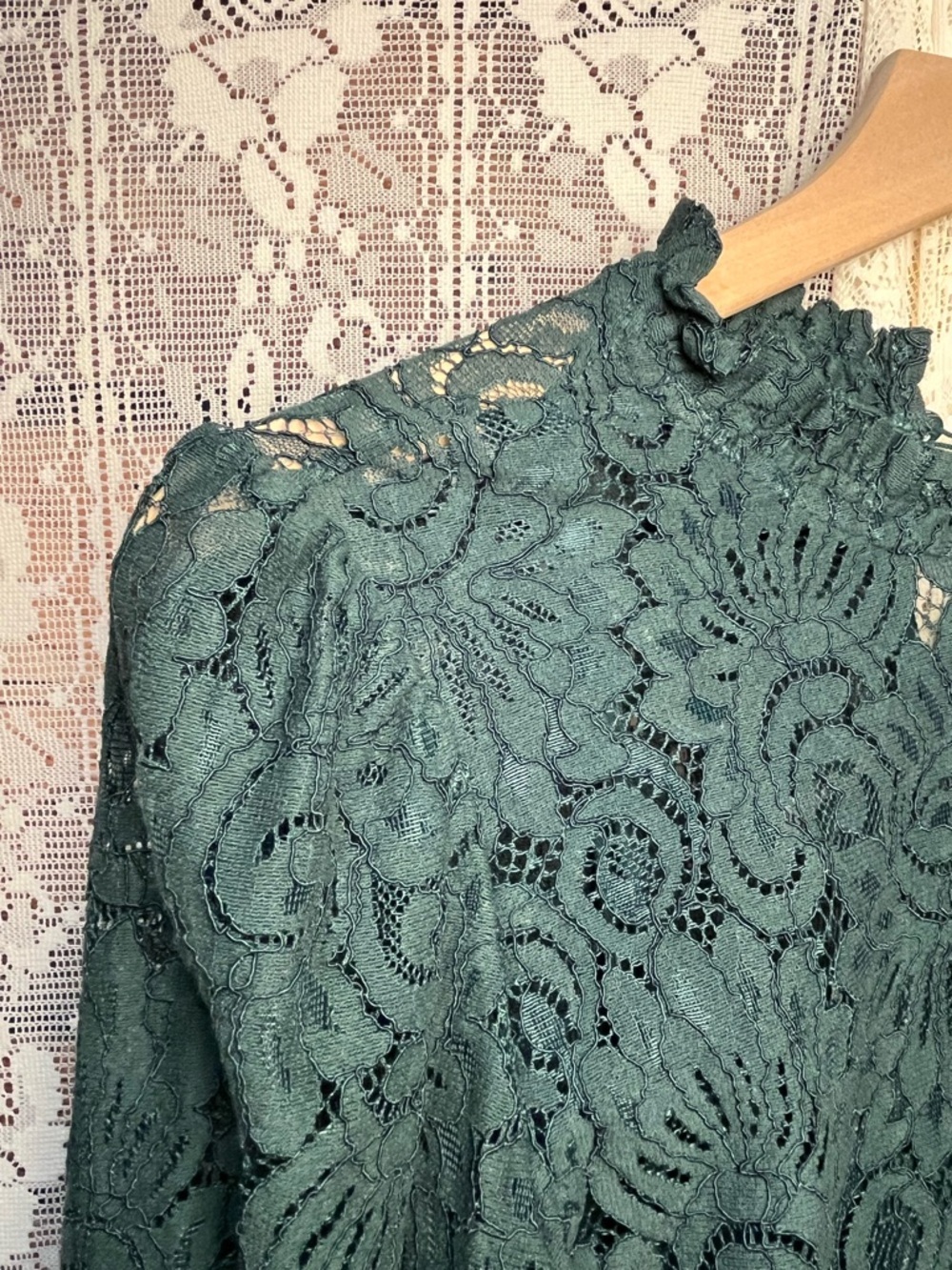 Adiva Dark Green Lace Ruffle-Neck Blouse (237) - Picture 6 of 9
